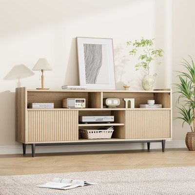 Fluted TV Stand for 70" TVs, Modern Entertainment Center with Storage & Sliding Doors, Wood Media Console for Living Room, Bedroom, Natural Oak