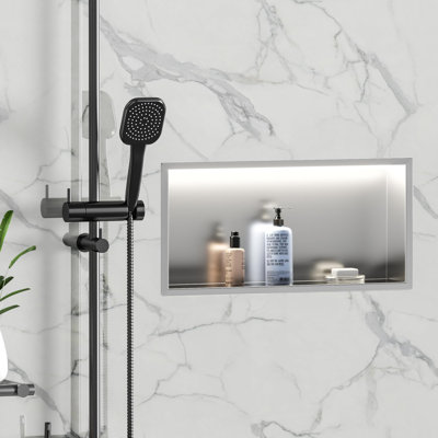 Niche de douche en acier inoxydable 24 po x 12 po Onyx - fini satiné SS304, tablette murale encastrée rectangulaire, fabriquée au Canada