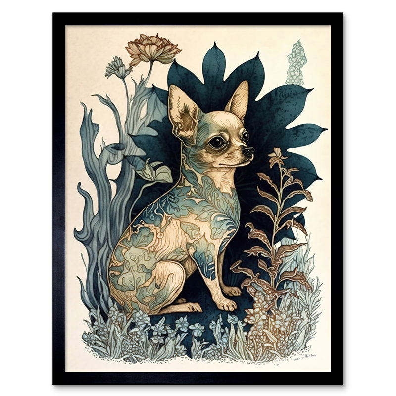 Chihuahua Dog With Floral Pattern Fur Coat Modern Portrait In Flower Field - Single Picture Frame Print