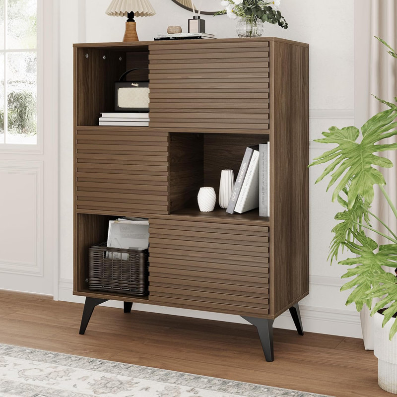 Modern Accent Cabinet with Doors and 3 -Tier Storage Cabinet Wooden Buffet Display Stand with Strong Legs for Living Room Dining Room Kitchen Hallway (Brown)