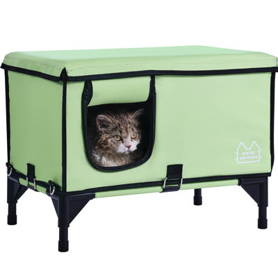 Maison pour chat surélevée cubique avec coussin de 30 W - Protection contre la surchauffe et le courant, intérieur réfléchissant la chaleur, double couche imperméable, matériaux intérieurs imperméables au fer, fond en tissu 900D