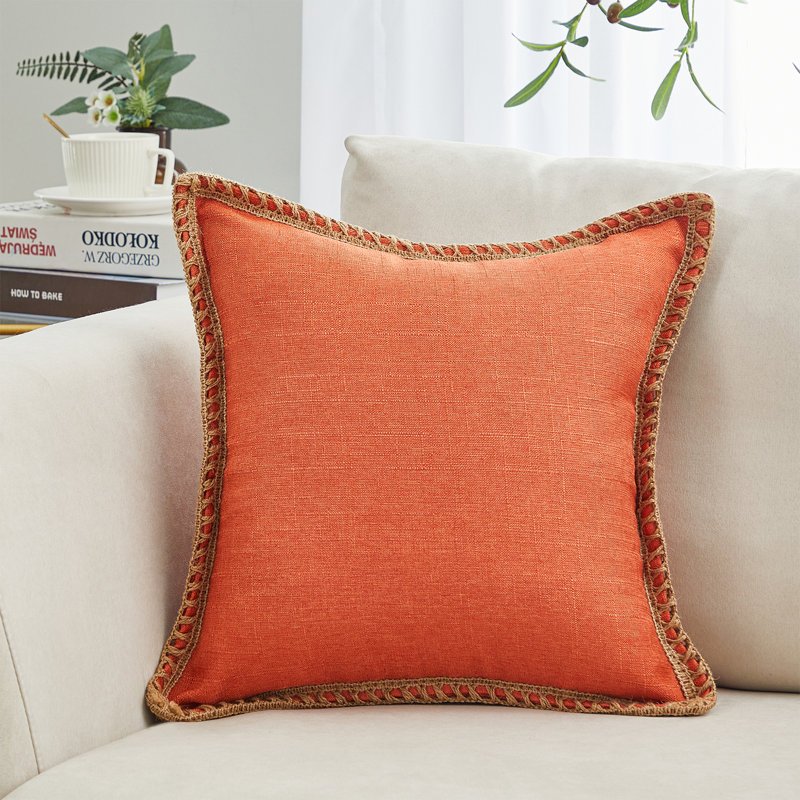 Cotton Linen Fringed Cotton Reversible Pillow Cover, Orange