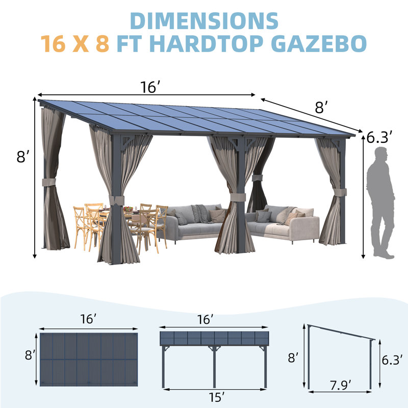 Pergolas murales avec rideaux et filet Lean-To, 96" H x 192" W x 96" D