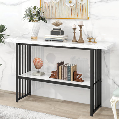 Table console très longue de 63 po avec 2 tablettes de rangement Giammarco, entrée étroite et moderne avec cadre en métal pour le salon, le vestibule, le couloir, blanc et noir
