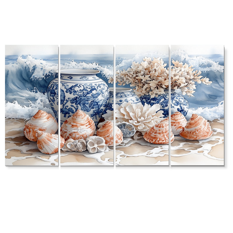 Ensemble de salon floral avec poterie florale dans des tons bleus et blancs I, H 32 po x l 64 po