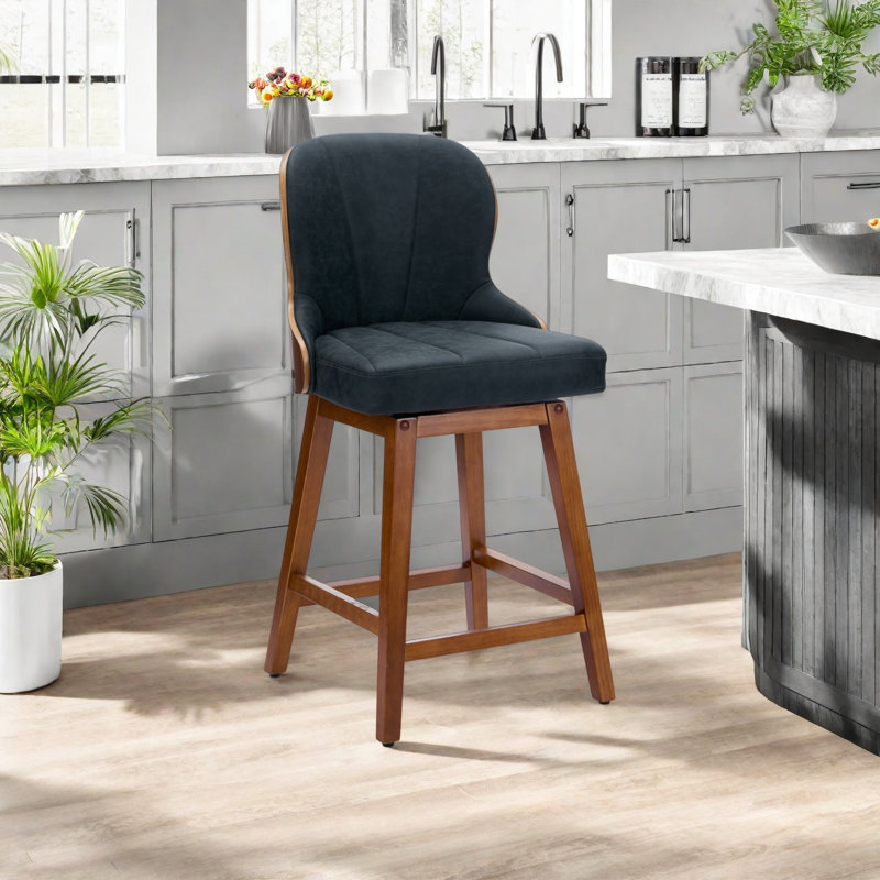 Swivel Bar Stools Set of 4 Mid Century Modern Faux Leather Upholstered Counter Height Barstools,Kitchen Island Wooden Bar Chairs,25-Inch Armless Counter Stools with Wood Back and Legs