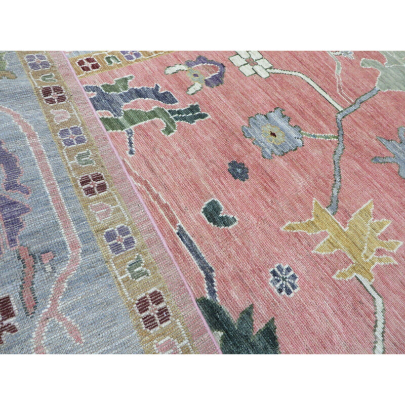 Tapis rose en laine noué à la main de conception unique 11 pi 10 po x 15 pi 2 po Hurst