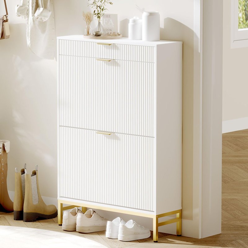 Rangement cannelé pour chaussures, range-chaussures étroit avec 2 tiroirs rabattables, Blanc