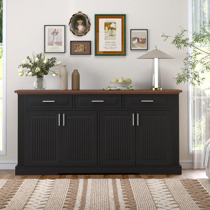 Buffet de style buffet cannelé de 63 po avec rangement, station de café moderne avec 4 portes et 3 tiroirs, console de rangement de cuisine en bois pour le salon, la salle à manger, noir