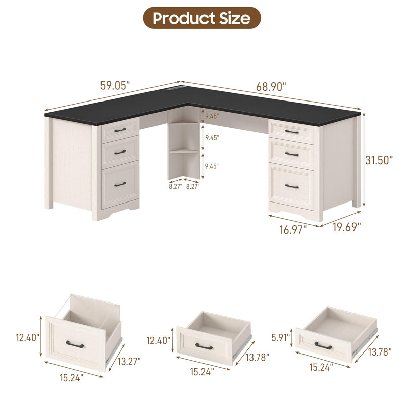 Wood L Shaped Executive Desk With 6 Drawers, Black