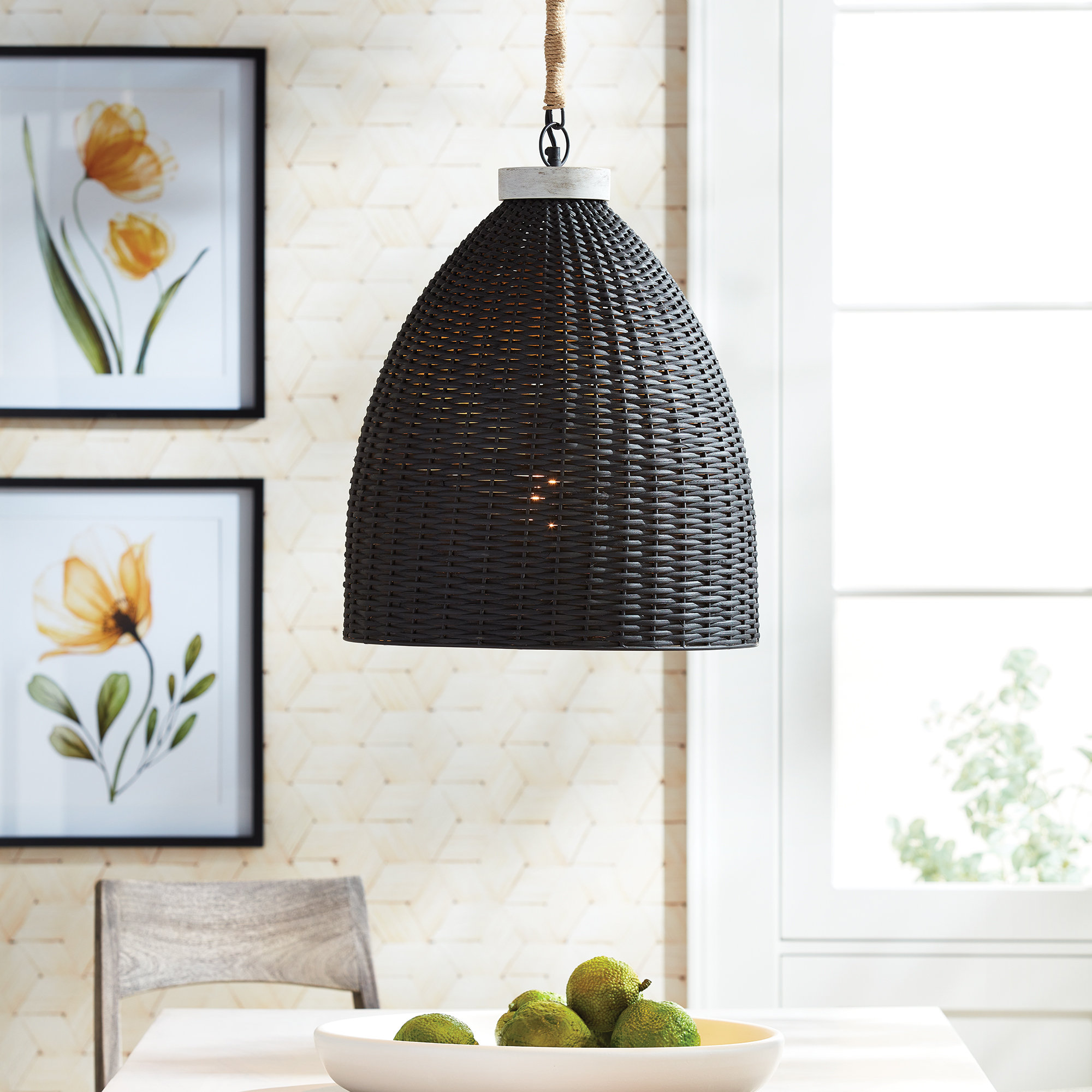 Olsen Single Light Rattan Dimmable Pendant, Blackwash, 92" H x 18" W x 18" D 