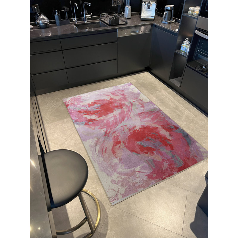 Tapis décoratif moderne à motif abstrait rose et beige, Rectangle 4 pi 11 po x 7 pi 6 po