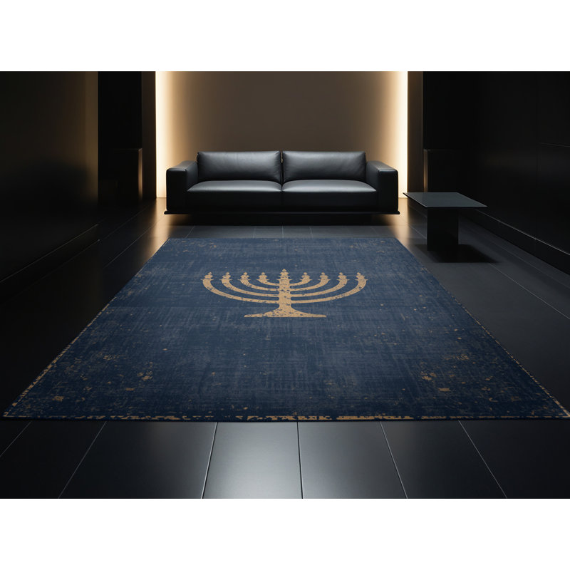 Soft Plush Fehrenbach Hanukkah Modern & Contemporary Abstract Area Rug in Gray – Navy Binding, 2x5