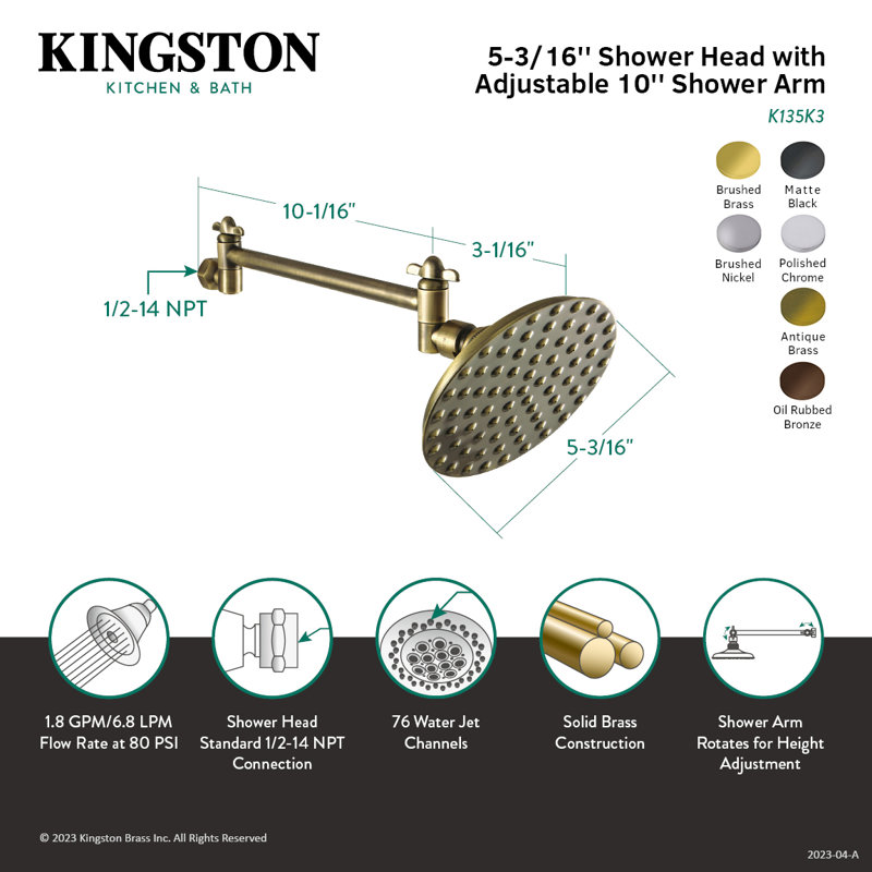 Kingston Brass Victorian 5-1/4-Inch Round Raindrop Brass Shower Head with 10-Inch High-Low Shower Arm, Brushed Nickel