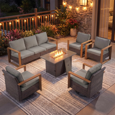 Ensemble de conversation d'extérieur 6 pièces avec fauteuils pivotants et table de foyer Aldiana