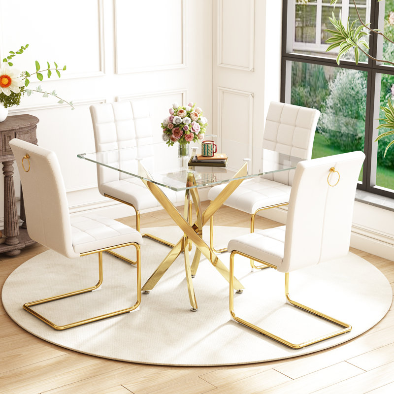 5- Piece Dining Table Set,Glass Top Metal Base Dining Tablewith 4 Faux Leather Dining Chairs, Gold, White/Gold