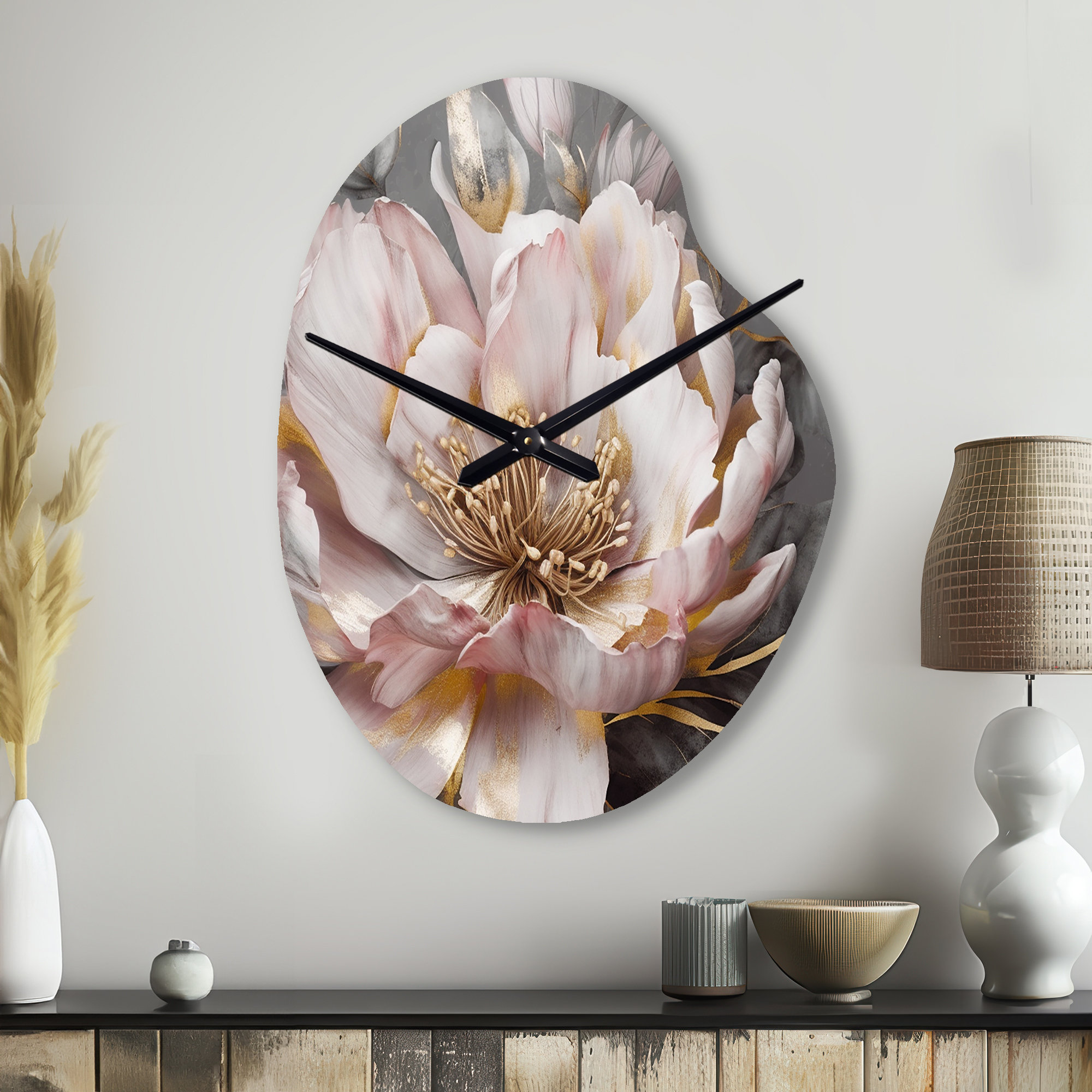 Design Art Pink Grey Peonies Blooming III - Peonies Asymmetrical Metal ...
