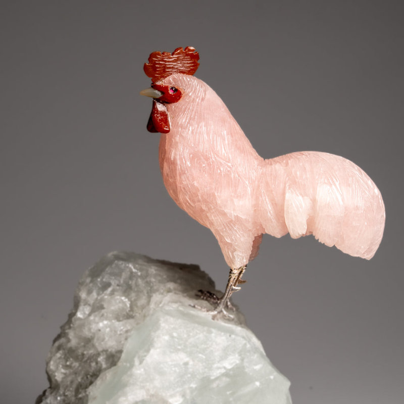 Genuine Polished Hand Carved Quartz Rooster On A Quartz Matrix (8"H)