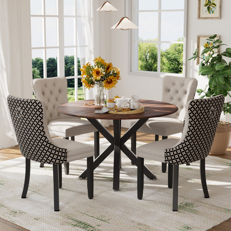 Ensemble de table et chaises de cuisine rondes pour 4, Noir, noir, noir, noir, Beige