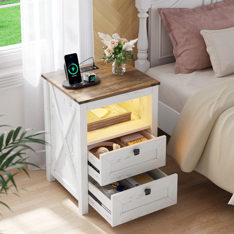 Led Nightstand With Outlet and USB Port, Antique White/Brown