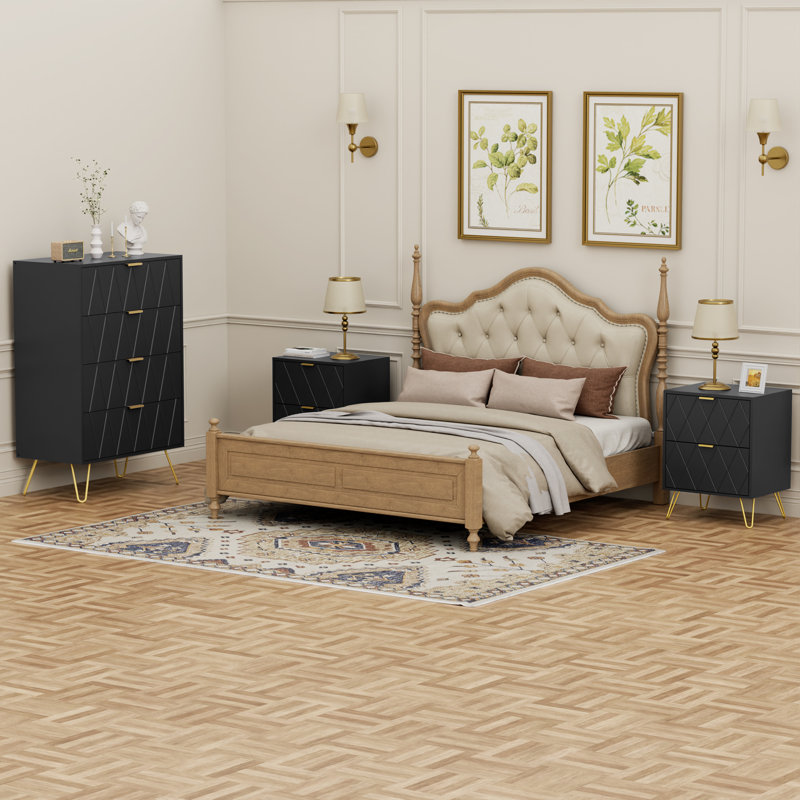 Ensemble de commode de chambre à coucher 4 tiroirs l 23,6 po avec table de chevet 2, Noir