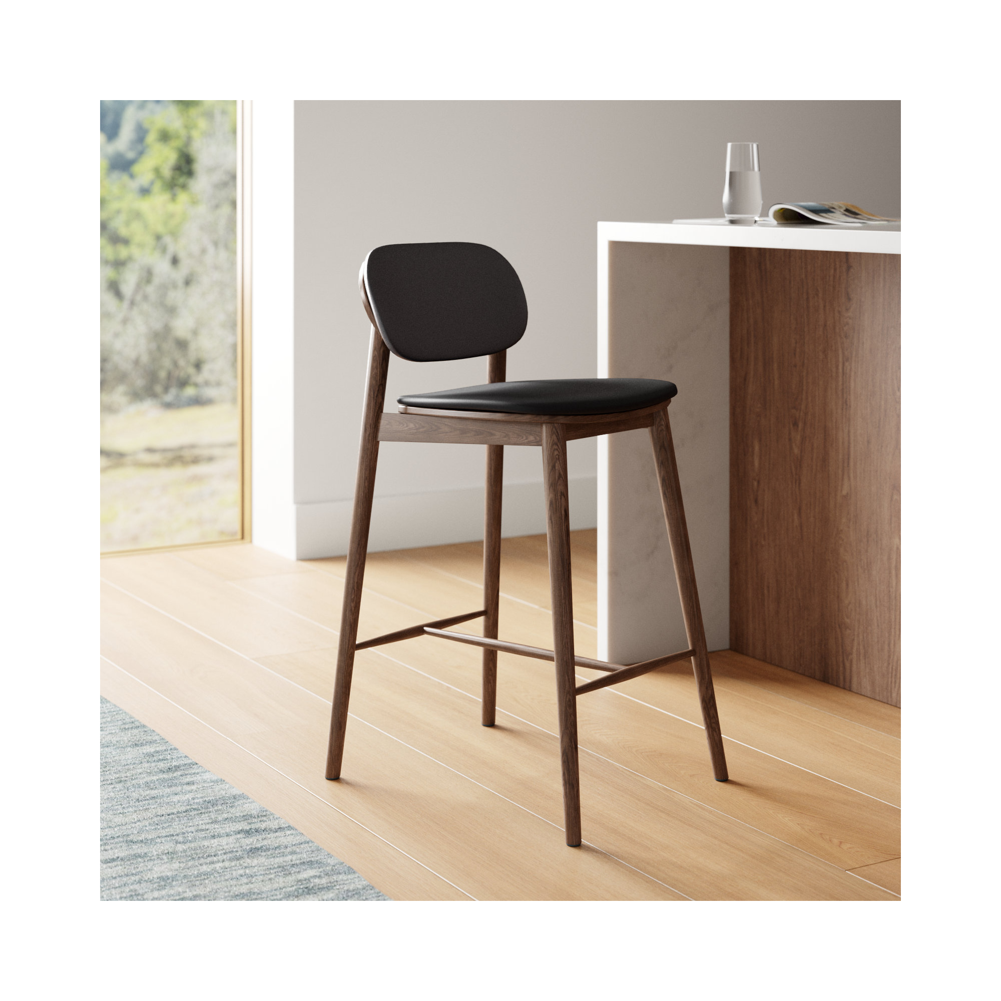  26'' Genuine Leather Counter Stool, Black Leather//Walnut Frame