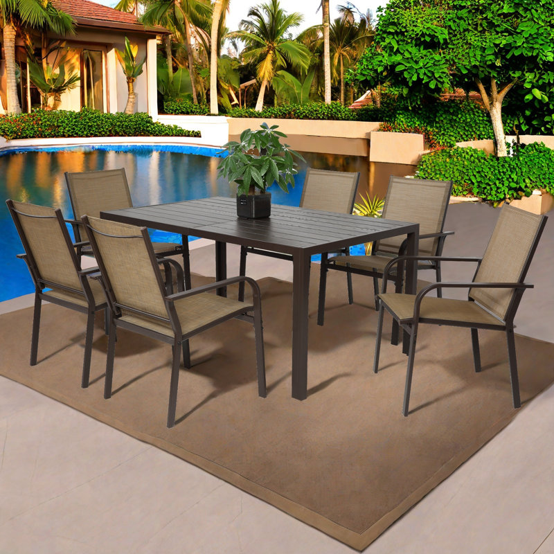 Ensemble de salle à manger de jardin 7 pièces, table de mobilier d'extérieur et 6 chaises en textilène, ensemble de conversation avec table rectangulaire et 6 chaises empilables pour terrasse de jardin