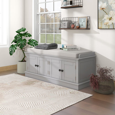Hippolytus 42.7"Wood Storage Shoe Bench with 4 Doors and Adjustable Shelves and Removable Cushion