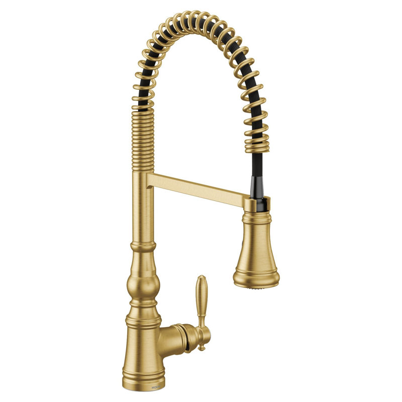 Moen Weymouth Pre-Rinse Spring Pull-Down Single Handle Kitchen Faucet, Brushed Gold, No SenSor