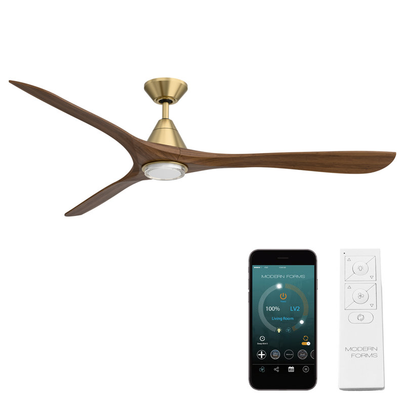 Ventilateur de plafond intelligent à 3 pales en bois naturel Carve avec télécommande incluse, Laiton doux / Koa vieilli, 72"