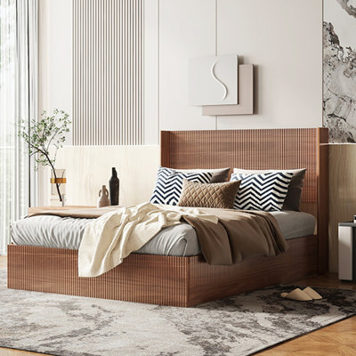 Queen Lift-Up Storage Bed Frame with Wooden Slats, Grooved Design & Noise-Free Hydraulic Mechanism - Natural Finish