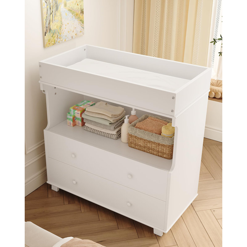 Commode à langer avec 2 tiroirs, commode pour chambre de bébé moderne avec espace de rangement ouvert, table à langer pour chambre à coucher, chambre d'enfants, chambre de bébé, blanc