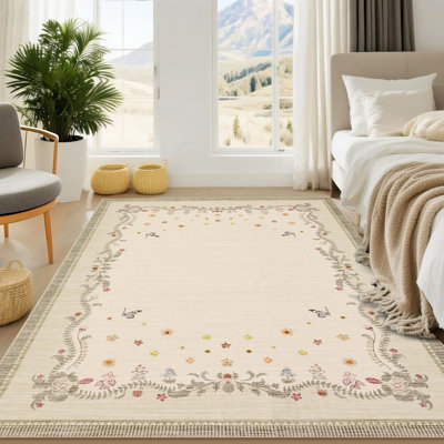 Tapis floral à bordure florale, tapis lavable antidérapant pour la cuisine, le salon, la salle de jeux