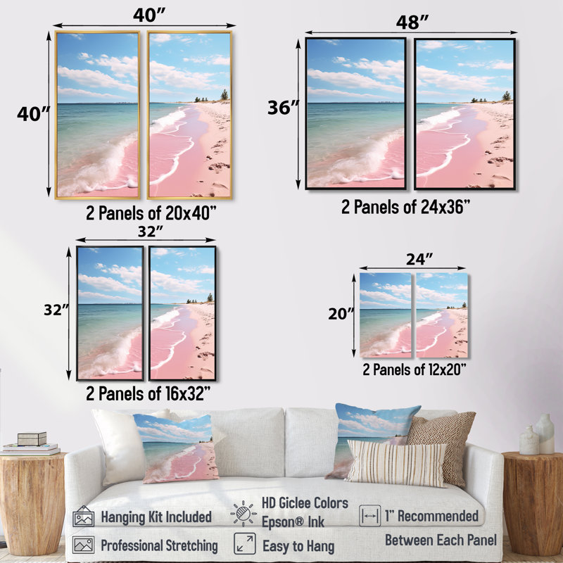«Pink Minimalisme Beach Landscape I - Large Coastal Beach», 2 panneaux, Impression encadrée flottante, Noir