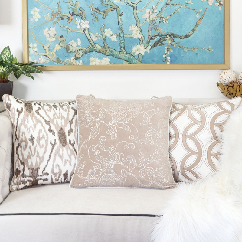  Embroidery Square Pillow Cover & Insert, Beige