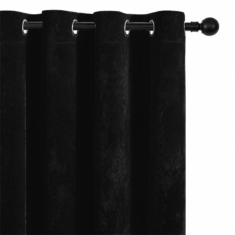 Thermal Velvet Curtains with Eyelet Ring Top - Blackout Crushed Velvet Drapes Pair, Black, 117cm Width x 137cm Drop