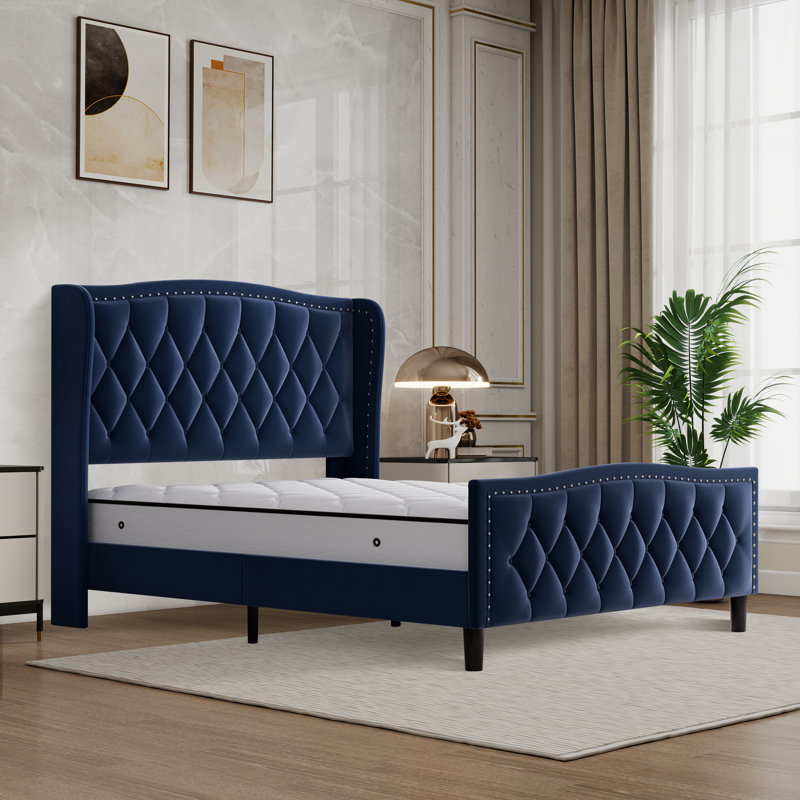 Bed Frame with Storage, 4 Under Bed Drawers and Wingback Headboard, Type-c and USB Ports, Diamond Tufted Upholstered Platform, No Box Spring Required