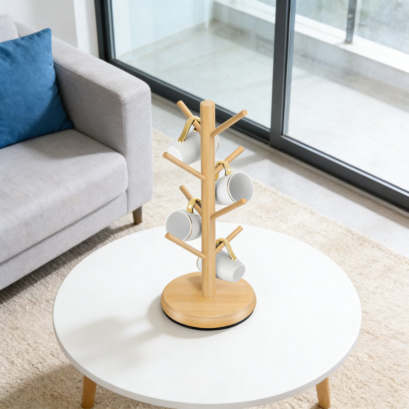 Arbre porte-gobelet avec base pivotante à 360 °, support à 8 crochets pour le comptoir, organisateur de tasses en bois de bambou durable pour la cuisine et le bar à café