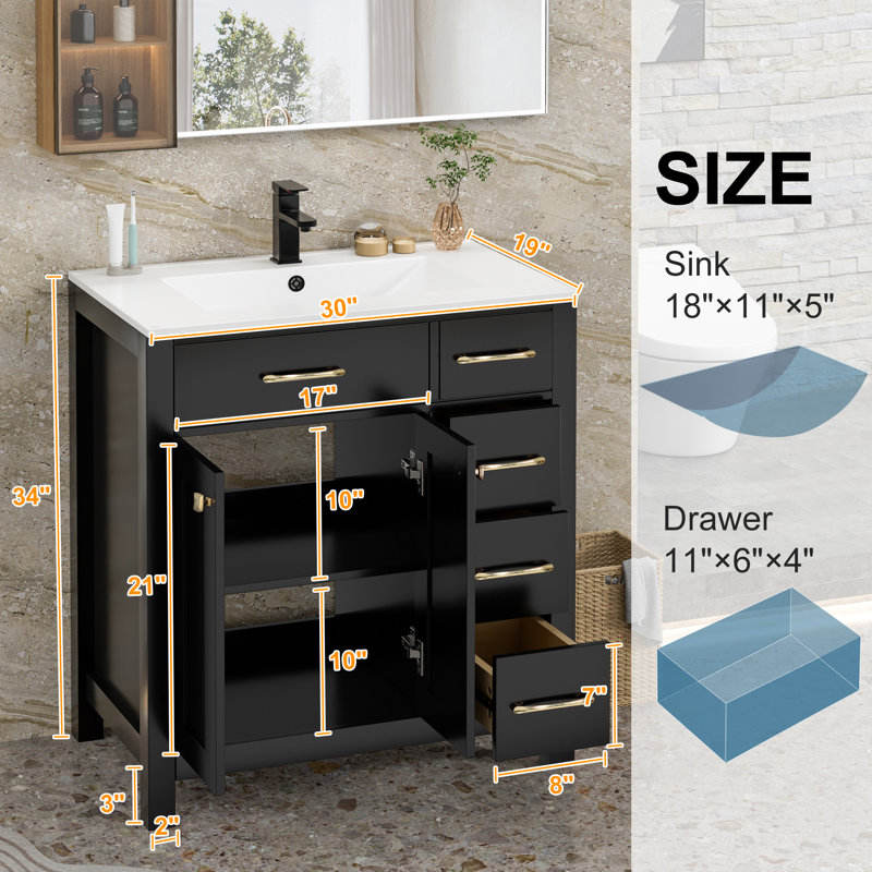 Ensemble de meuble-lavabo simple 30 po avec plateau d'évier Manrique Makowski, robinet en alliage de zinc, surface peinte, portes à fermeture en douceur, certifié EPA