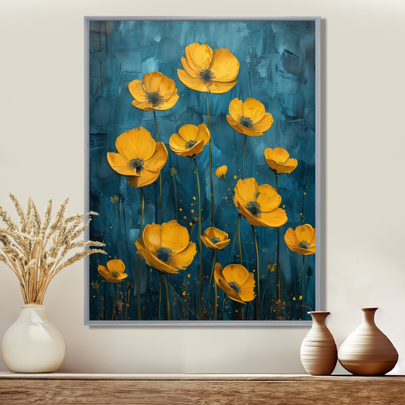 Reproduction d'art mural jaune et vert sur fond clair de lune - Buttercups, Toile argentée avec cadre flottant