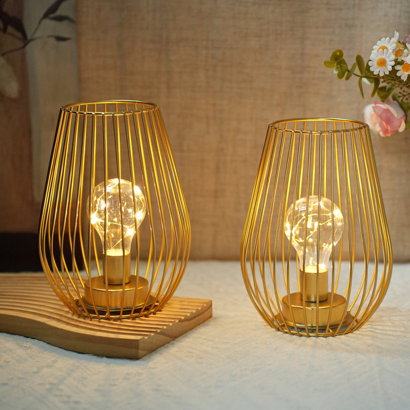 Metal Cordless Table Lamp - 8'' Tall Set of 2 Cage Shape Battery Operated Lamp, Gold