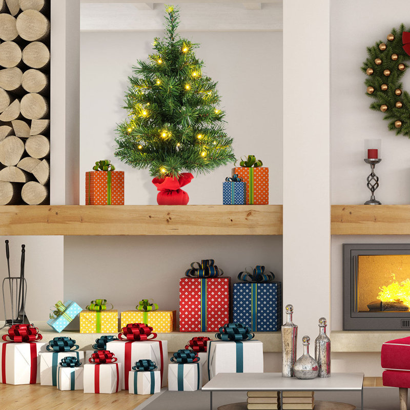 Arbre de noël artificiel pin vert 2 pi avec 35 lumières claires et bleues pré-éclairé