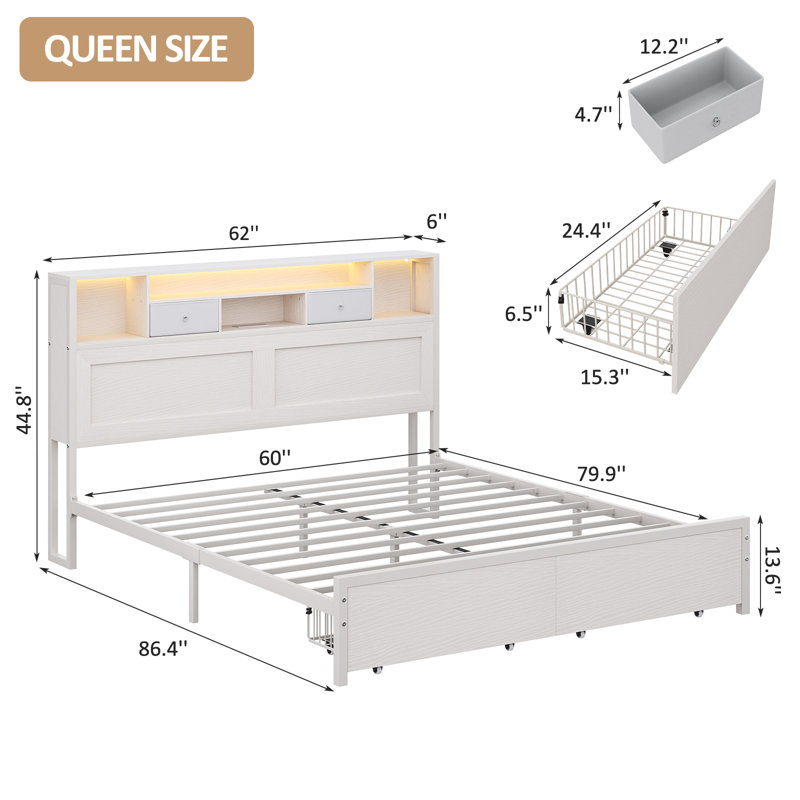 Cadre de lit plateforme avec tête de lit de rangement, lumières DEL RVB et 2 tiroirs sous le lit, Grand lit, Blanc