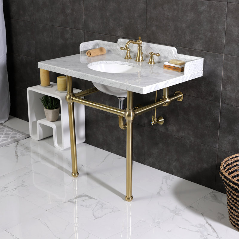 Kingston Brass American Classic Two-Handle 3-Hole Deck Mount Widespread Bathroom Faucet with Brass Pop-Up Drain
