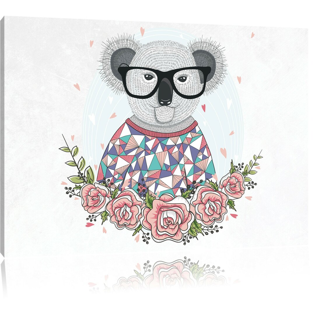 Leinwandbild Hipster Koala mit Rosen in Grau/Rosa