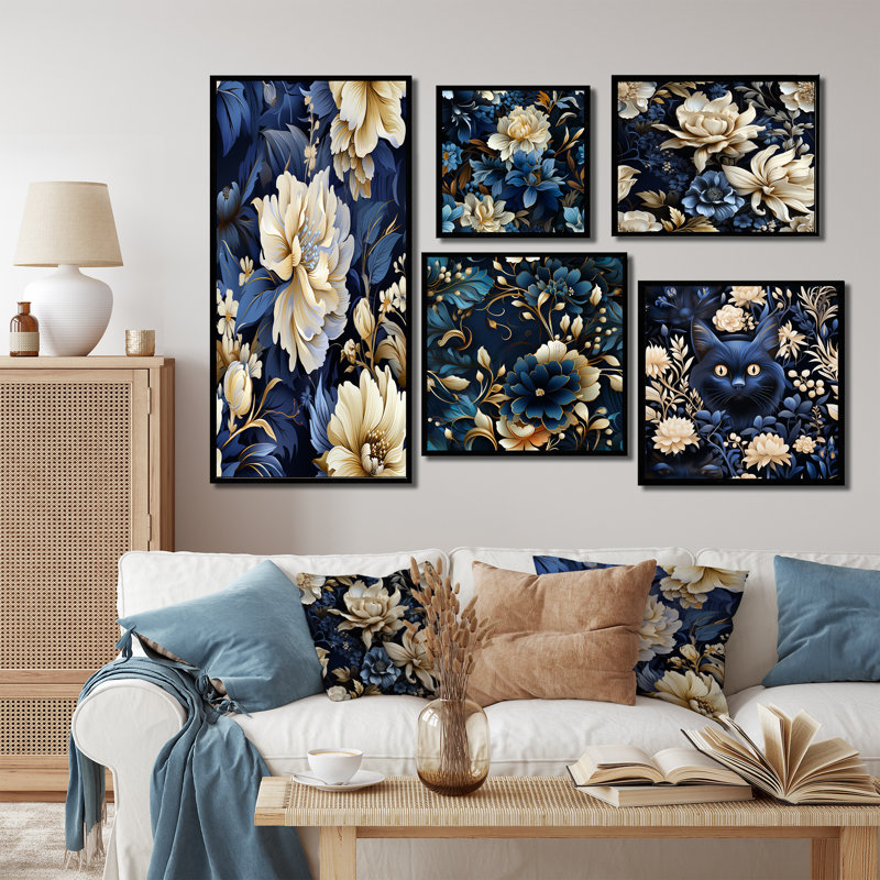 Claudia - ensemble de 5 reproductions d'art sur toile florale, Cadre flottant noir
