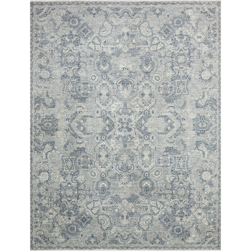 Tapis gris noué à la main de haute qualité, Rectangle 12 pi x 15 pi