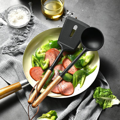 Premium Silicone Cooking Utensils Set - Non-Toxic, Heat-Resistant Kitchen Utensils Set With Food-Grade Silicone & Wood Handles - Includes Spatula & Spoon For Non-Stick Cookware, Black