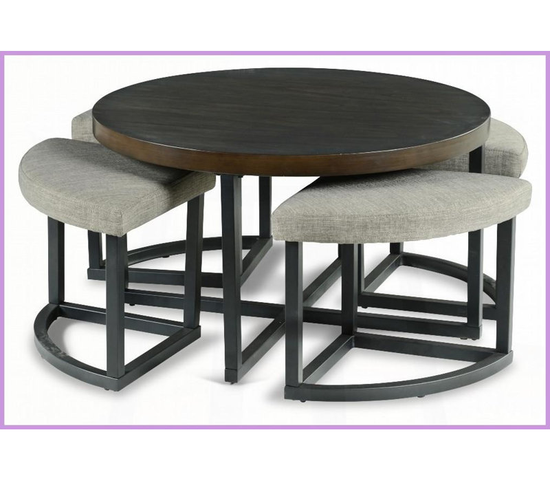 Table basse Yukon avec 4 tabourets rembourrés Yukon - Iron & amp; Placage Mindi, niveleurs protecteurs de plancher