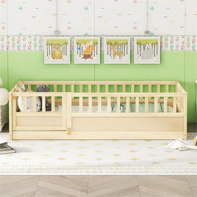 Twin Size Floor Bed, Integral Construction With High Security Barrier, Door, Children's Floor Bed Frame, Montessori Wooden Children's Floor Bed
